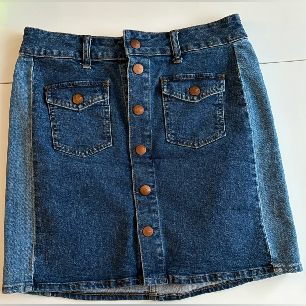 madewell stretch denim straight mini denim skirt / size 26 / pieced colorblock